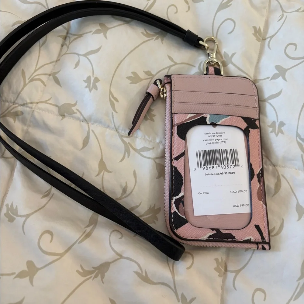 NWT Kate Spade Card Case‎ Lanyard Cameron Paper Rose Pink Multi Wallet ID Holder